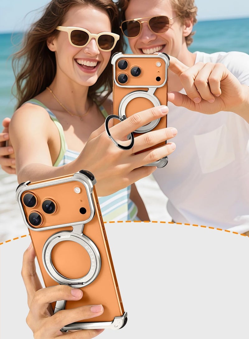 MARGOUN Minimalist Phone Cover for iPhone 17 Pro Max, 360° Rotation Kickstand Aluminum Metal Frameless Design Bumper Z Case, Protective Shock Grade Shell - Silver-1 - Image 5