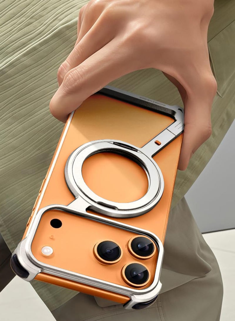 MARGOUN Minimalist Phone Cover for iPhone 17 Pro Max, 360° Rotation Kickstand Aluminum Metal Frameless Design Bumper Z Case, Protective Shock Grade Shell - Silver-1 - Image 4