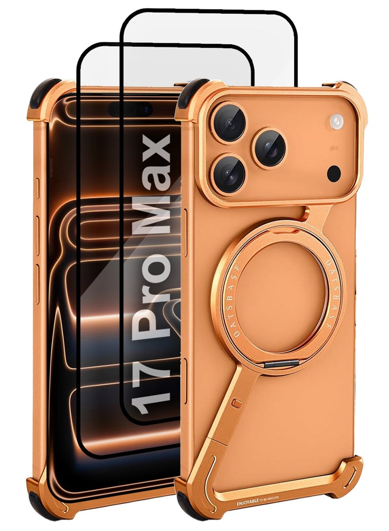 MARGOUN 3Packs Minimalist Phone Cover for iPhone 17 Pro Max, 360° Rotation Kickstand Aluminum Metal Frameless Design Bumper Z Case, Protective Shock Grade Shell with Two 3D Screen Protectors - Cosmic Orange-3 - Image 1