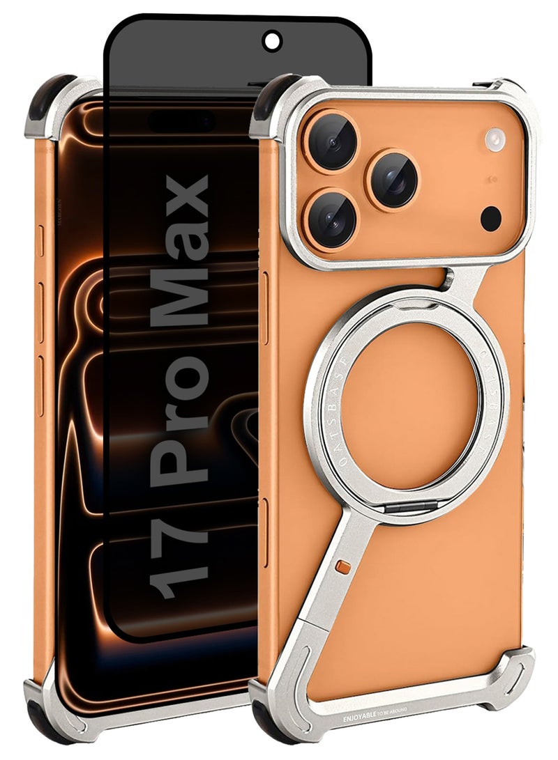 MARGOUN 2Packs Minimalist Phone Cover for iPhone 17 Pro Max, 360° Rotation Kickstand Aluminum Metal Frameless Design Bumper Z Case, Protective Shock Grade Shell with Privacy Screen Protector - Silver-22 - Image 1