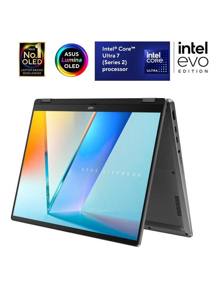 أسوس (Upgraded Version) Vivobook Flip 14" OLED 2-in-1 Touchscreen Laptop (TP3407SA) Intel Core Ultra 7 256V, 16GB LPDDR5X RAM, 1TB PCIe 4.0 SSD, Copilot+ PC EVO Edition, Windows 11 Home English Matte Grey English Matte Grey - Image 1