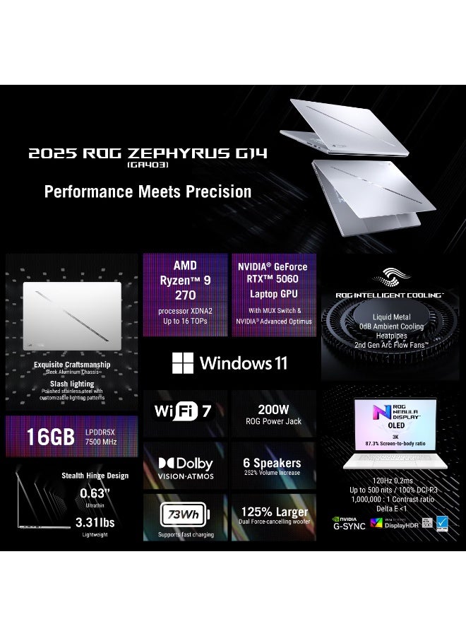 ASUS (Upgraded Version) ROG Zephyrus G14 (2025) GA403UM Gaming Laptop, 14” 3K OLED 120Hz, AMD Ryzen 9 270, NVIDIA GeForce RTX 5060 8GB, 16GB LPDDR5X RAM, 2TB PCIe SSD, Windows 11 Home English Platinum White English Platinum White - Image 3