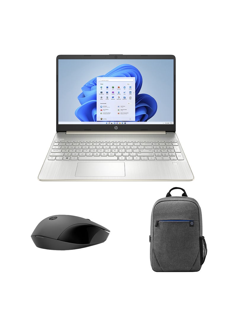 HP (Upgraded Version) Laptop 15s-fq5050ne With 15.6-Inch FHD Display, 12th Gen Intel Core i5 1235U Processor/8GB RAM/512GB SSD/Intel Iris XE Graphics/Windows 11 + 150 Wireless Mouse + Prelude 15.6-Inch Backpack English/Arabic Gold - Image 1