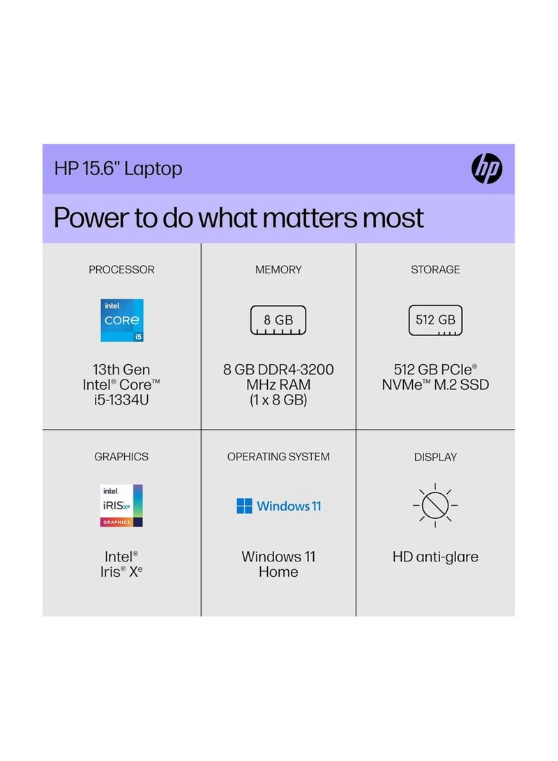 HP (2023) Laptop With 15.6-Inch FHD Display, Core i5-1334U Processor/8GB RAM/512GB SSD/Intel Iris Xe Graphics/Windows 11 Home English/Arabic Silver - Image 3