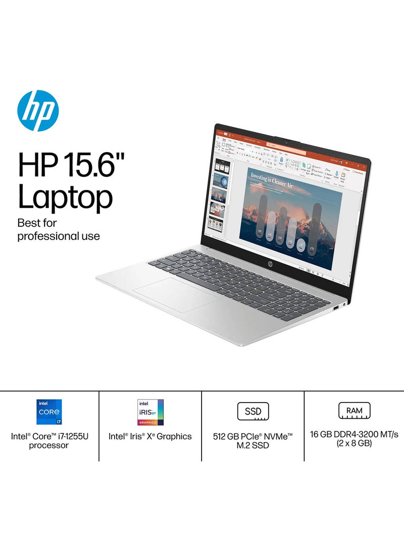 HP 15-FD0107DX Laptop With 15.6-Inch Full HD Display, Core i7-1255U Processor/16GB RAM/512GB SSD/Intel Iris xe Graphics/Windows 11 Home English/Arabic Natural Silver - Image 2