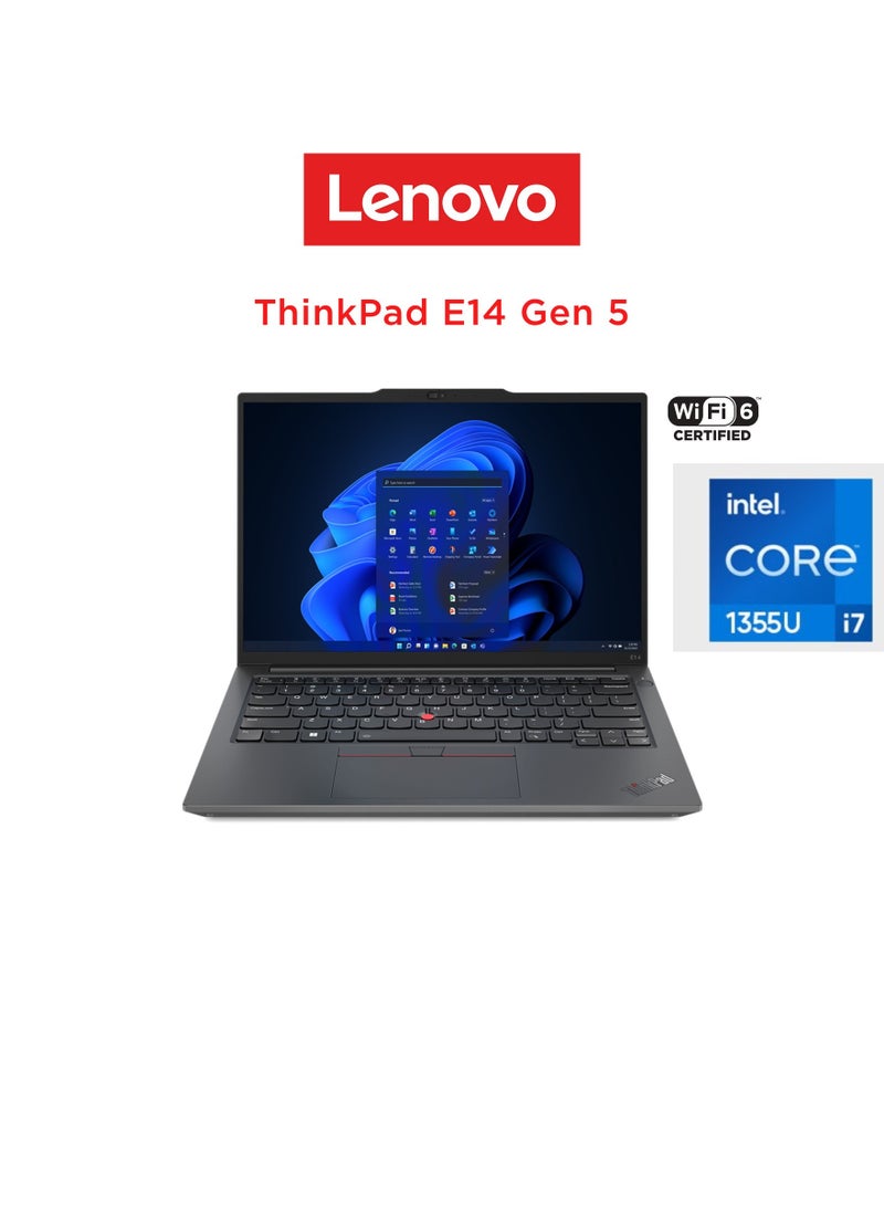 لينوفو Thinkpad E14 Gen 5 Business  (Upgraded Version) Laptop Intel Core i7-1355U 13Th Generation 8Gb Ram 512Gb SSD Windows11 Intel Iris Xe 14 Inch WUXGA  Graphite English/Arabic Graphite Black - Image 1