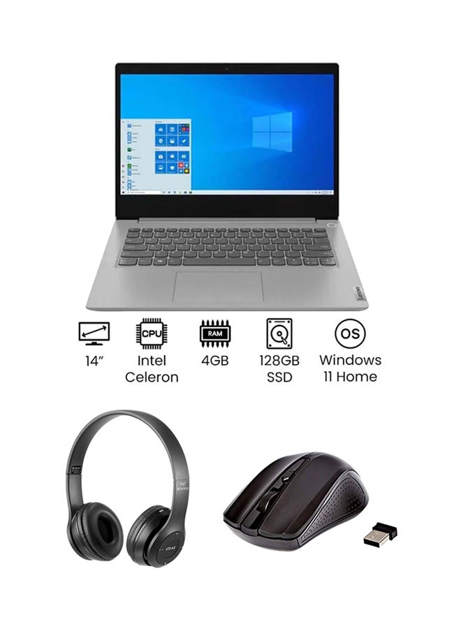 Lenovo IdeaPad 3 81WH007AAX (Upgraded Version) Laptop With 14-Inch Display, Celeron Processer/4GB RAM/128GB SSD/Intel UHD Graphics /International Version With (Upgraded Version) Laptop Bag +Wireless Headphone And Mouse English/Arabic Grey - Image 1