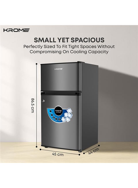 ثلاجة مزدوجة الأبواب، سعة إجمالية 138 لتر / سعة صافية 90 لتر، تبريد مباشر، فريزر علوي، رفوف زجاجية، قفل ومفتاح، تشطيب فضي داكن، غاز تبريد R600a