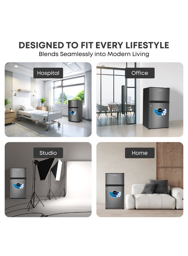 كروم ثلاجة مزدوجة الأبواب، سعة إجمالية 138 لتر / سعة صافية 90 لتر، تبريد مباشر، فريزر علوي، رفوف زجاجية، قفل ومفتاح، تشطيب فضي داكن، غاز تبريد R600a - Image 5