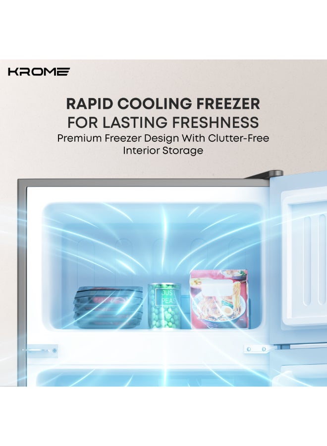 كروم ثلاجة مزدوجة الأبواب، سعة إجمالية 138 لتر / سعة صافية 90 لتر، تبريد مباشر، فريزر علوي، رفوف زجاجية، قفل ومفتاح، تشطيب فضي داكن، غاز تبريد R600a - Image 4