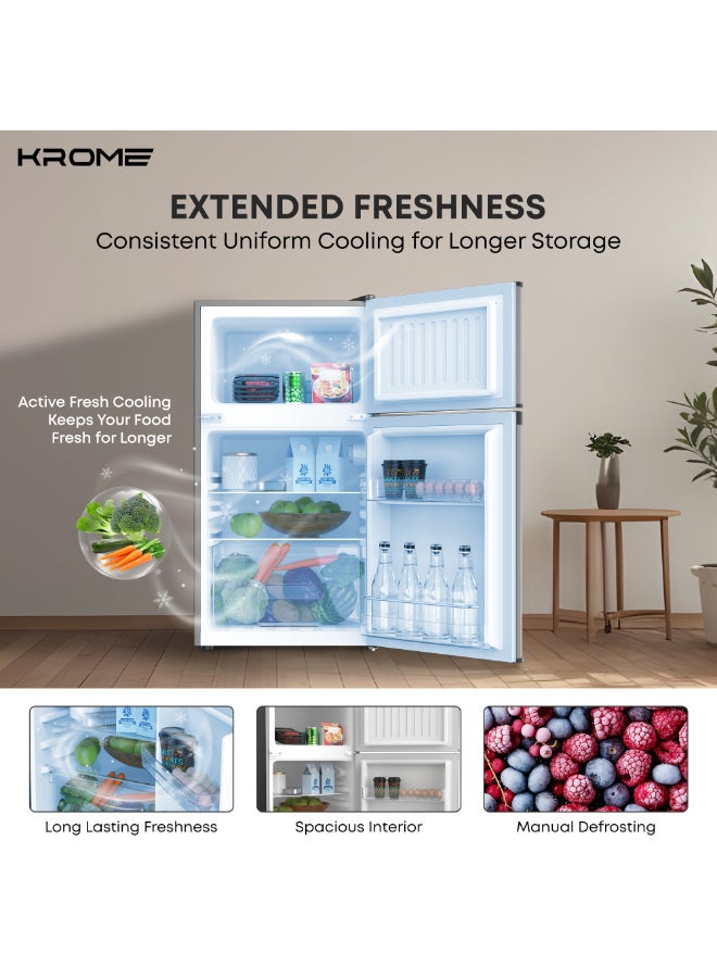 كروم ثلاجة مزدوجة الأبواب، سعة إجمالية 138 لتر / سعة صافية 90 لتر، تبريد مباشر، فريزر علوي، رفوف زجاجية، قفل ومفتاح، تشطيب فضي داكن، غاز تبريد R600a - Image 3