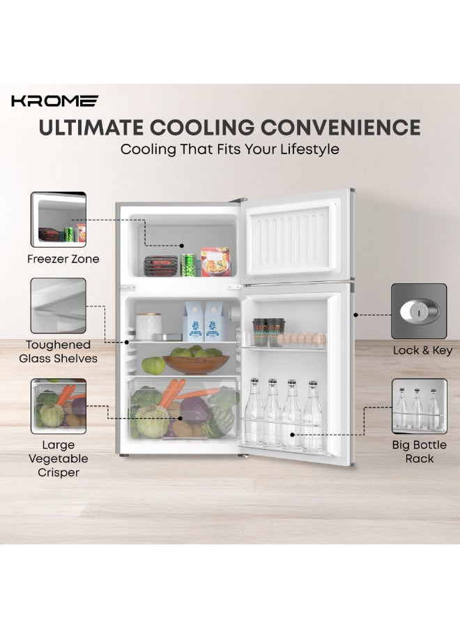 Krome Double Door Refrigerator, 138L Gross / 90L Net Capacity, Direct Cool, Top Mount Freezer, Glass Shelves, Lock And Key, Dark Silver Finish, R600a Refrigerant KR-RF138DDSG Grey - Image 5