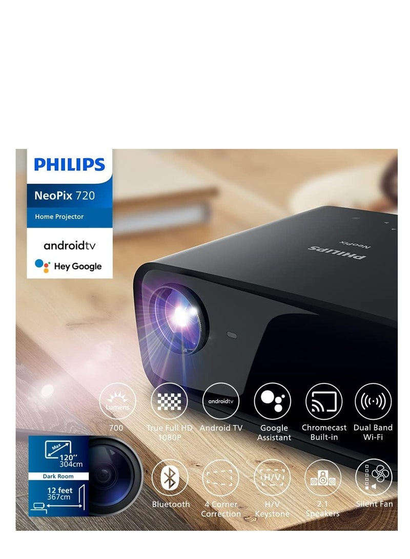 Philips NeoPix 720, True Full HD 1080p Projector with Android TV, Chromecast Built-in, HDMI And USB-C, Booming Sound, and Super Brightness - NPX720/INT black - Image 3