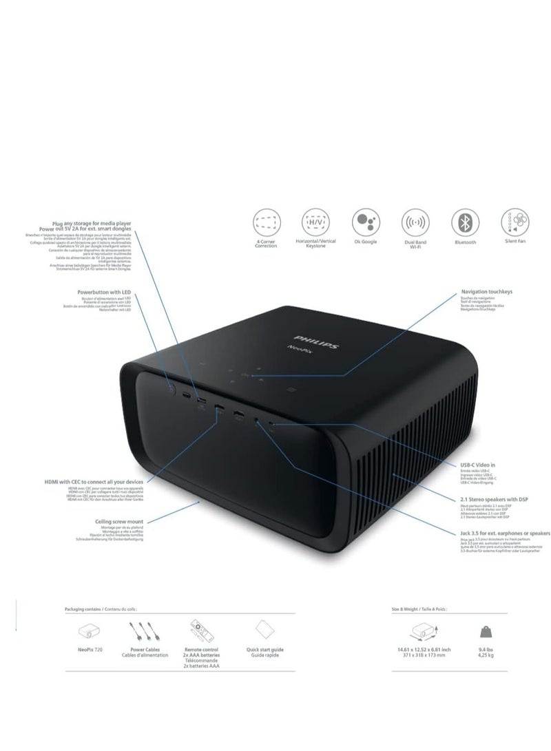 Philips NeoPix 720, True Full HD 1080p Projector with Android TV, Chromecast Built-in, HDMI And USB-C, Booming Sound, and Super Brightness - NPX720/INT black - Image 5