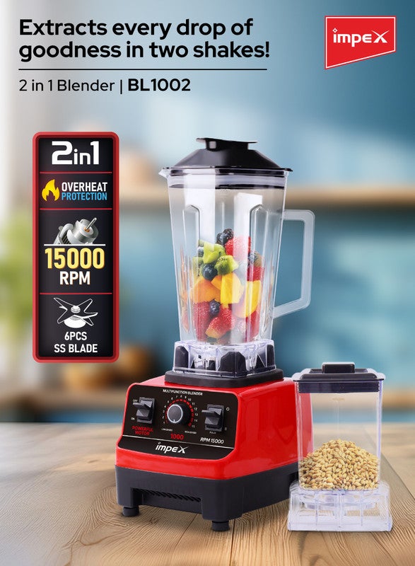 إمبكس خلاط متعدد الوظائف 2 في 1 خلاط عالي السرعة 2 لتر وعاء سائل كبير، 0.3 لتر وعاء طحن 15000 دورة في الدقيقة 6 شفرات من الفولاذ المقاوم للصدأ 15 مستوى للطاقة، حماية من السخونة الزائدة، قاعدة مضادة للانزلاق 2 ل 600 واط BL1002 أسود وأحمر - Image 2