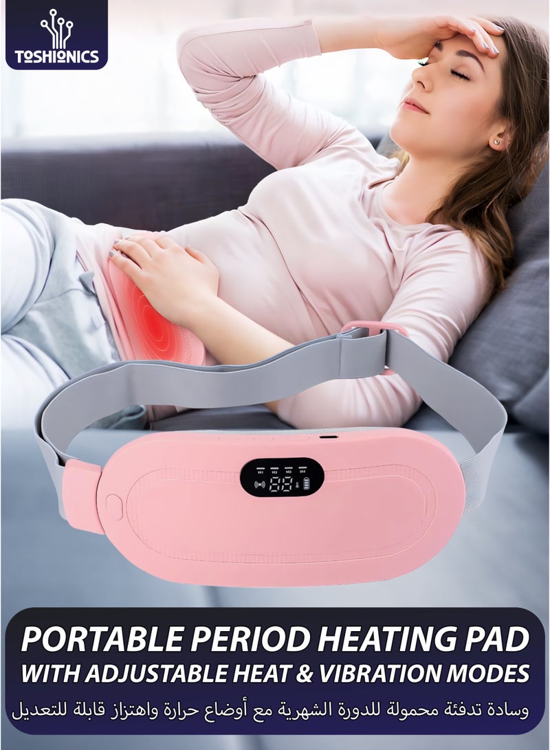 توشيونيكس Wireless Menstrual Heating Pad – Portable and Cordless Period Therapeutic Heat Belt with 3 Adjustable Heating Temperature and 4 Vibration Modes for Dysmenorrhea Menstrual Period Relaxation Comfort and Support – Abdominal, Back, Belly and Stomach Cramp, Discomfort and Tension Relief – Perfect Gift for Women, Pink - Image 1