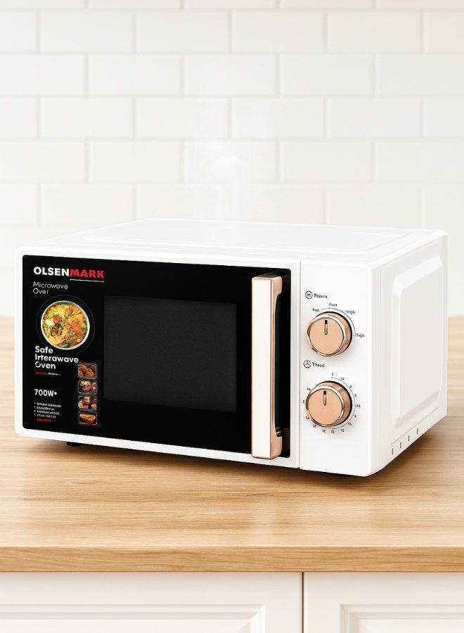 أولسنمارك فرن ميكروويف منفرد سعة 20 لتر – 1100 واط، أبيض مع مقبض وزر وردي ذهبي، زجاج دوار 245 مم، مؤقت 35 دقيقة، إشارة انتهاء الطهي – جهاز مطبخ مدمج - Image 2