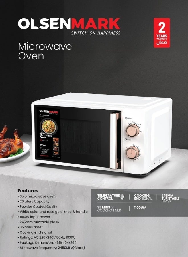أولسنمارك فرن ميكروويف منفرد سعة 20 لتر – 1100 واط، أبيض مع مقبض وزر وردي ذهبي، زجاج دوار 245 مم، مؤقت 35 دقيقة، إشارة انتهاء الطهي – جهاز مطبخ مدمج - Image 3