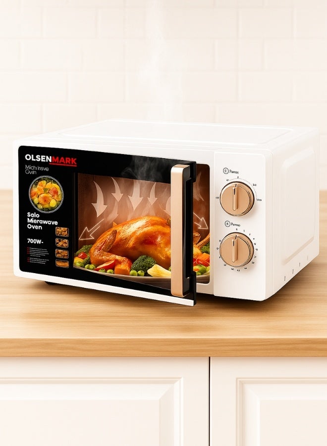 أولسنمارك فرن ميكروويف منفرد سعة 20 لتر – 1100 واط، أبيض مع مقبض وزر وردي ذهبي، زجاج دوار 245 مم، مؤقت 35 دقيقة، إشارة انتهاء الطهي – جهاز مطبخ مدمج - Image 4