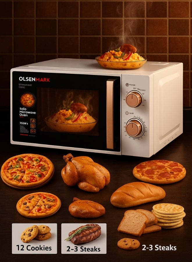 أولسنمارك فرن ميكروويف منفرد سعة 20 لتر – 1100 واط، أبيض مع مقبض وزر وردي ذهبي، زجاج دوار 245 مم، مؤقت 35 دقيقة، إشارة انتهاء الطهي – جهاز مطبخ مدمج - Image 5