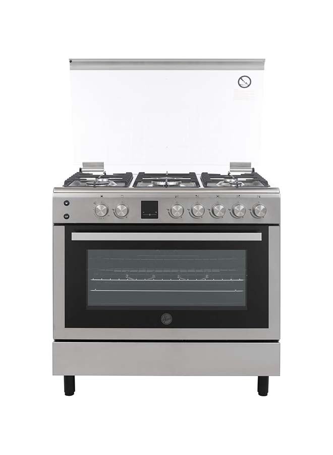 هوفر فرن غاز كامل 90x60 سم مع 5 شعلات، شواية، دوار، إشعال تلقائي، ميزات أمان، دعم مقلاة من الحديد الزهر، ستانلس ستيل، صنع في تركيا - ضمان لمدة سنة - HGC-V95G-S - Image 1