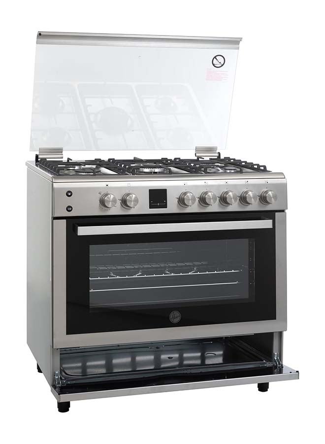 هوفر فرن غاز كامل 90x60 سم مع 5 شعلات، شواية، دوار، إشعال تلقائي، ميزات أمان، دعم مقلاة من الحديد الزهر، ستانلس ستيل، صنع في تركيا - ضمان لمدة سنة - HGC-V95G-S - Image 2