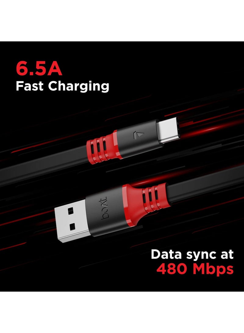 boAt Type C A750 6.5A Flat Super Fast Charging Cable w/Stress Resistance, Upto 65W/6.5Amp & Compatible w/Xiaomi, Oneplus, Samsung, Vivo, Oppo,480 Mbps Data Transmission Speed 1.5M Rebellious Black - Image 2