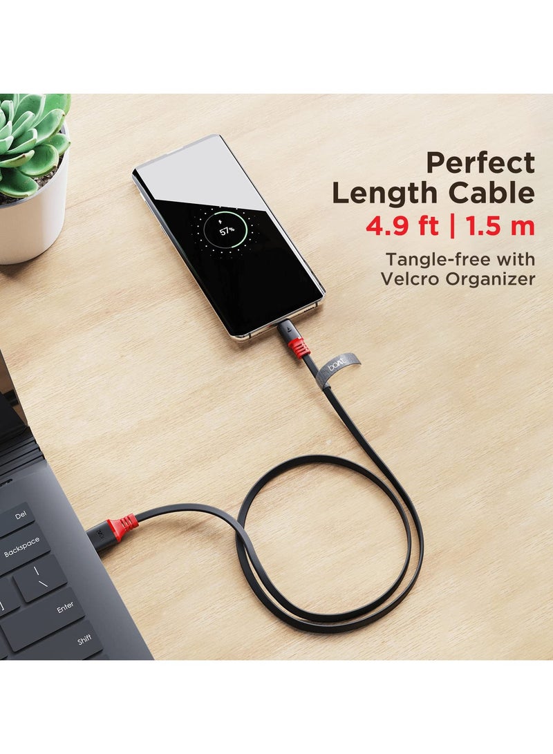 boAt Type C A750 6.5A Flat Super Fast Charging Cable w/Stress Resistance, Upto 65W/6.5Amp & Compatible w/Xiaomi, Oneplus, Samsung, Vivo, Oppo,480 Mbps Data Transmission Speed 1.5M Rebellious Black - Image 3