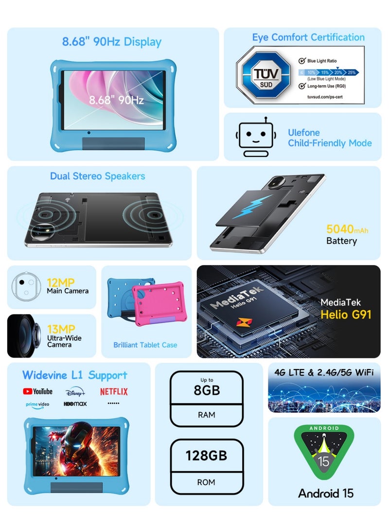 أوليفون Tab A9 Pro Kids Dual Sim|4Gb Ram 128Gb Rom|8.68" Hd+ Display|5040Mah Battary| Dual Speakers|Android 15-Blue - Image 4