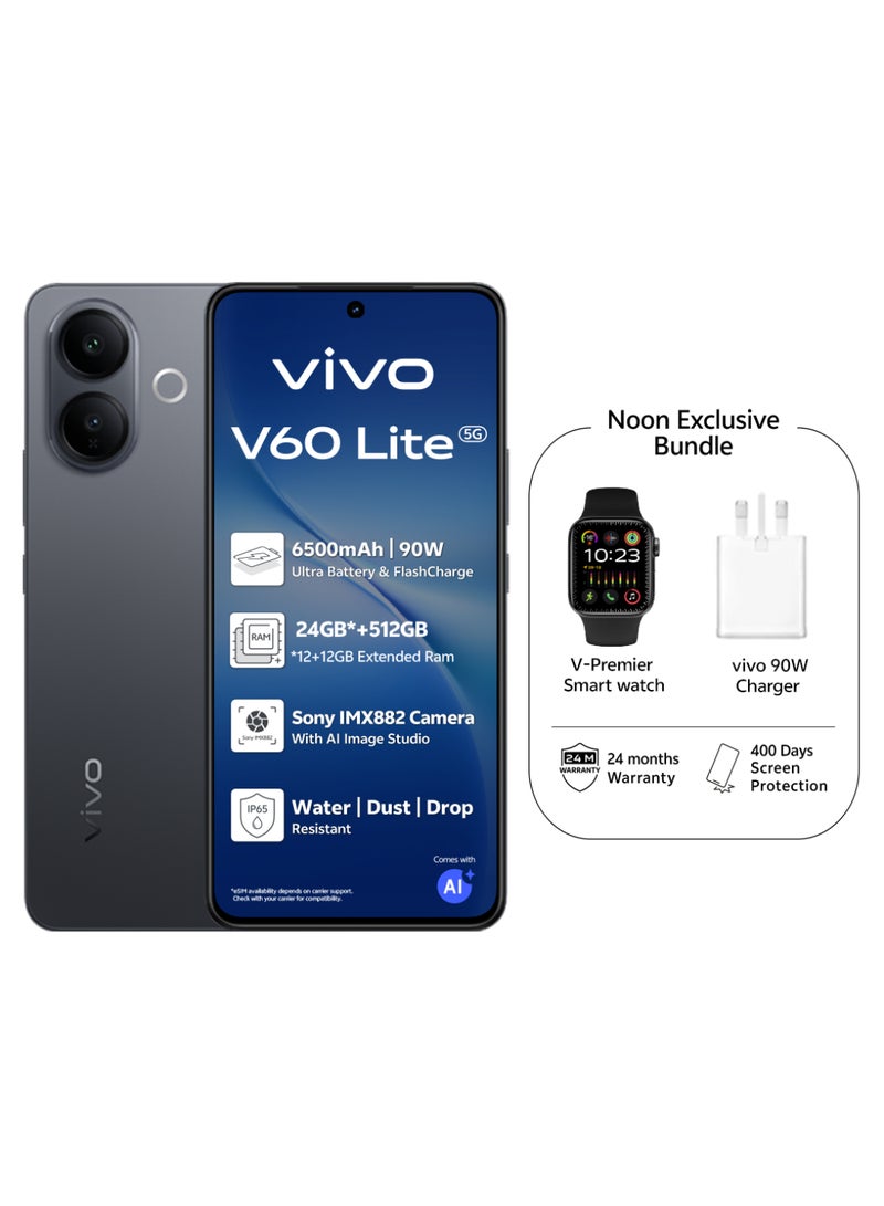 فيفو V60 لايت AI 5G ثنائي الشريحة أنيق باللون الأسود 12 جيجابايت RAM 512 جيجابايت مع هدايا حصرية ساعة ذكية، يدعم شاحن 90 واط وضمان 24 شهرًا + 400 يوم من حماية الشاشة - نسخة الشرق الأوسط - Image 1