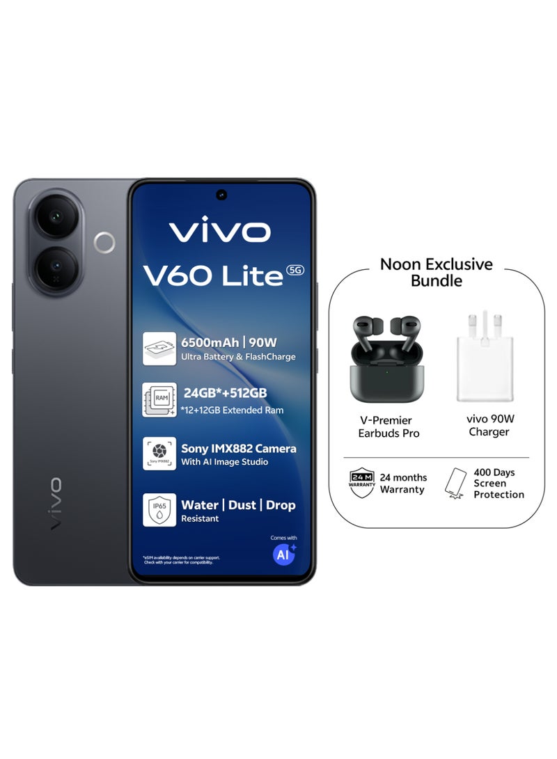 فيفو V60 لايت AI 5G ثنائي الشريحة أسود أنيق 12 جيجابايت RAM 512 جيجابايت مع هدايا حصرية سماعات أذن برو، يدعم شاحن 90 واط وضمان 24 شهرًا + 400 يوم من حماية الشاشة - نسخة الشرق الأوسط - Image 1