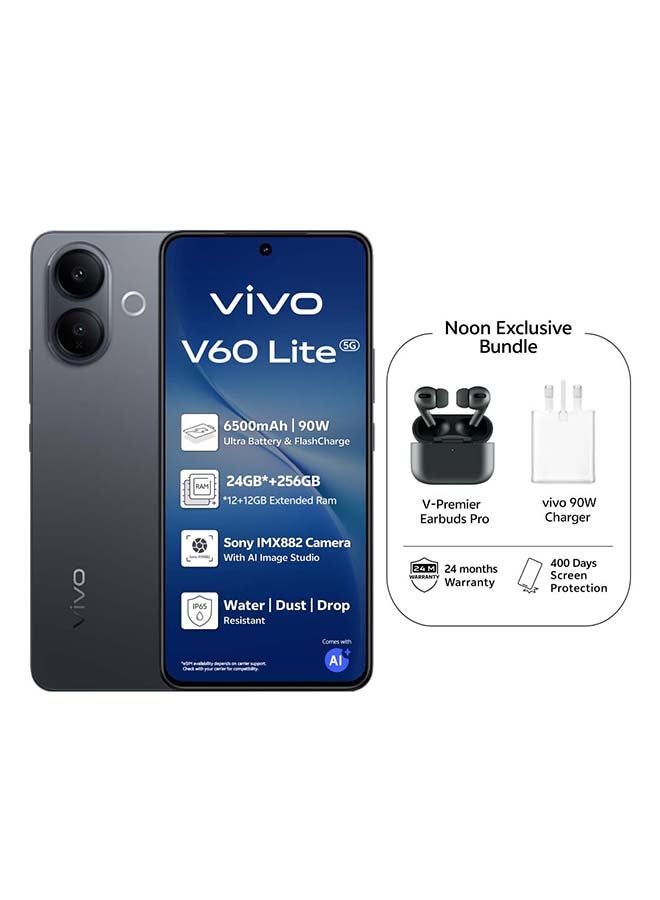فيفو V60 لايت AI 5G ثنائي الشريحة أسود أنيق 12 جيجابايت RAM 256 جيجابايت مع هدايا حصرية سماعات أذن برو، يدعم شاحن 90 واط وضمان 24 شهرًا + 400 يوم من حماية الشاشة - نسخة الشرق الأوسط - Image 1