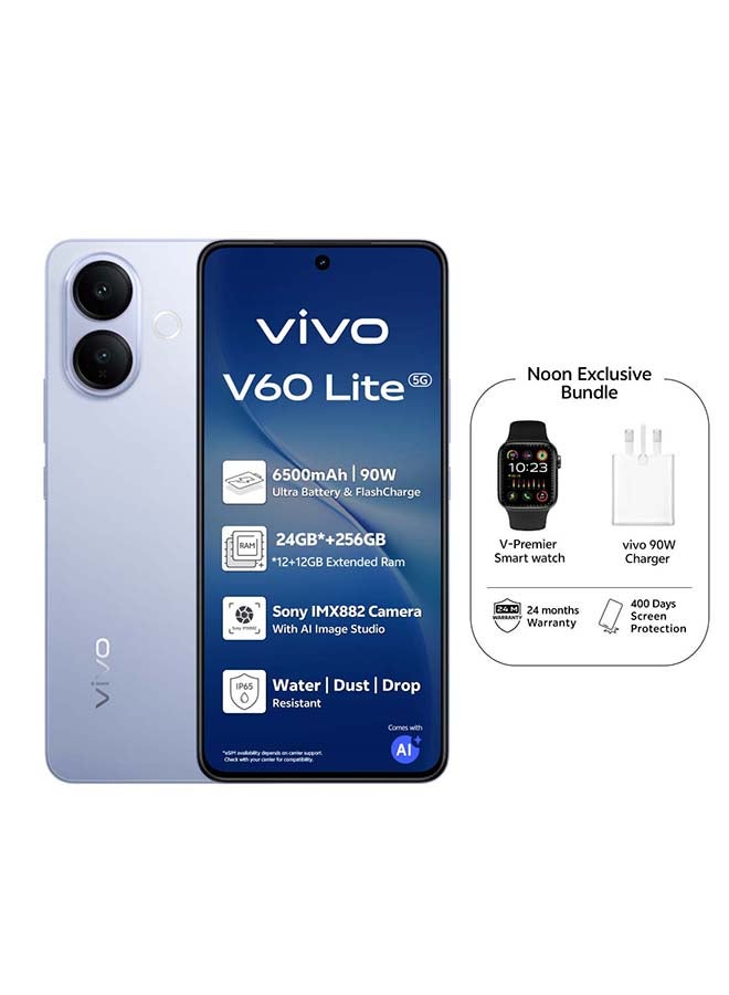 V60 Lite AI 5G Dual SIM Titanium Blue 12GB RAM 256GB With Exclusive Gifts Smart Watch, Supports 90W Charger And 24 Months Warranty + 400 days of screen protection - Middle East Version