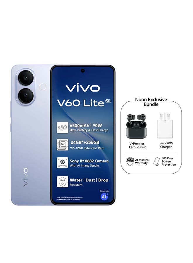 V60 Lite AI 5G Dual SIM Titanium Blue 12GB RAM 256GB With Exclusive Gifts Earbuds Pro, Supports 90W Charger And 24 Months Warranty + 400 days of screen protection - Middle East Version