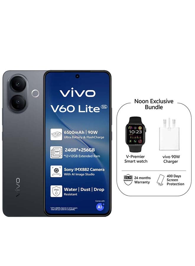 فيفو V60 لايت AI 5G ثنائي الشريحة أنيق أسود 12 جيجابايت RAM 256 جيجابايت مع هدايا حصرية ساعة ذكية، يدعم شاحن 90 واط وضمان 24 شهرًا + 400 يوم من حماية الشاشة - نسخة الشرق الأوسط - Image 1