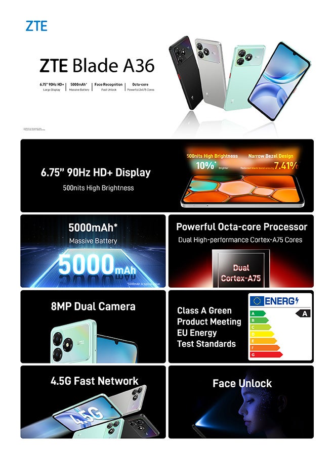 زد تي اي هاتف Blade A36 ثنائي الشريحة بلون التيتانيوم الذهبي 4GB+8GB RAM 128GB 4G - نسخة الشرق الأوسط - Image 4