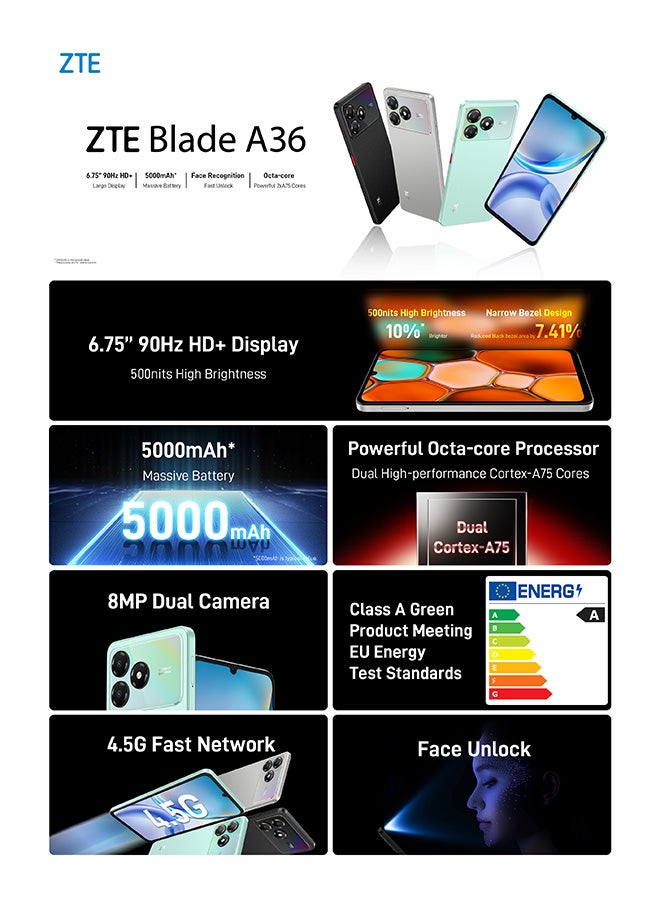 زد تي اي هاتف Blade A36 ثنائي الشريحة لون أخضر مائي 4GB+8GB RAM 128GB 4G - نسخة الشرق الأوسط - Image 4