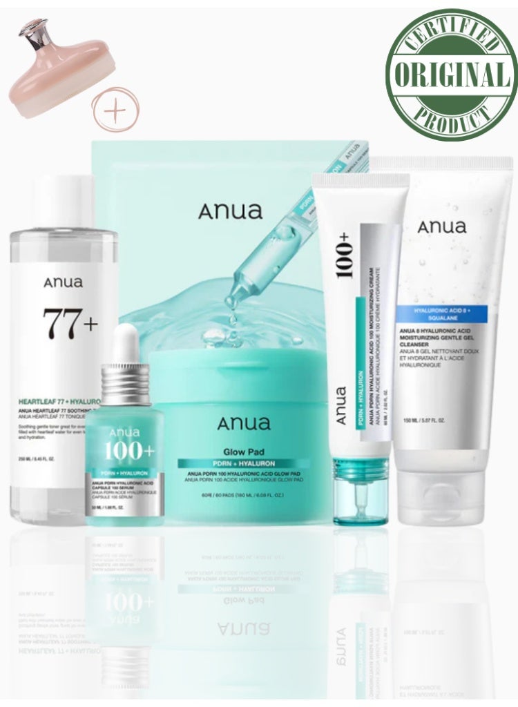 Anua Hyaluronic Acid PDRN Skincare Bundle – 8 Hyaluronic Acid Moisturizing Gentle Gel Cleanser, PDRN 100 Hyaluronic Acid Glow Pad, Heartleaf 77 Soothing Toner, PDRN Hyaluronic Acid Capsule 100 Serum, PDRN Hyaluronic Acid 100 Moisturizing Cream & PDRN Hyaluronic Acid Capsule 100 Serum Mask 693ml - Image 1