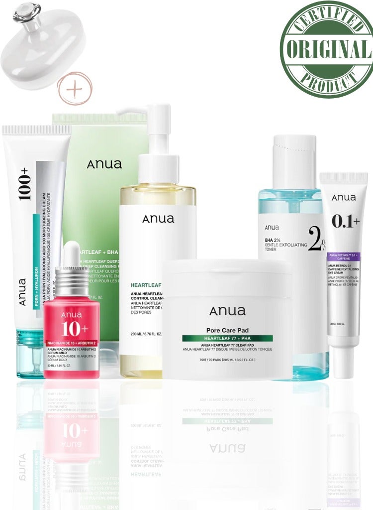 Anua Heartleaf & Active Care Skincare Bundle – Heartleaf Pore Control Cleansing Oil, Heartleaf Quercetinol Pore Deep Cleansing Foam, Heartleaf 77 Clear Pad, BHA 2% Gentle Exfoliating Toner, NIACINAMIDE 10%+TXA 4% Dark Spot Serum, PDRN Hyaluronic Acid 100 Moisturizing Cream & Retinol 0.1 Caffeine Revitalizing Eye Cream 825ml - Image 1