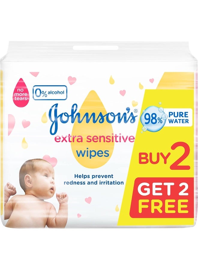 Johnson's Baby Wipes, Extra Sensitive, 98% Pure Water, 56 Pieces, 2+2 Free - Image 1