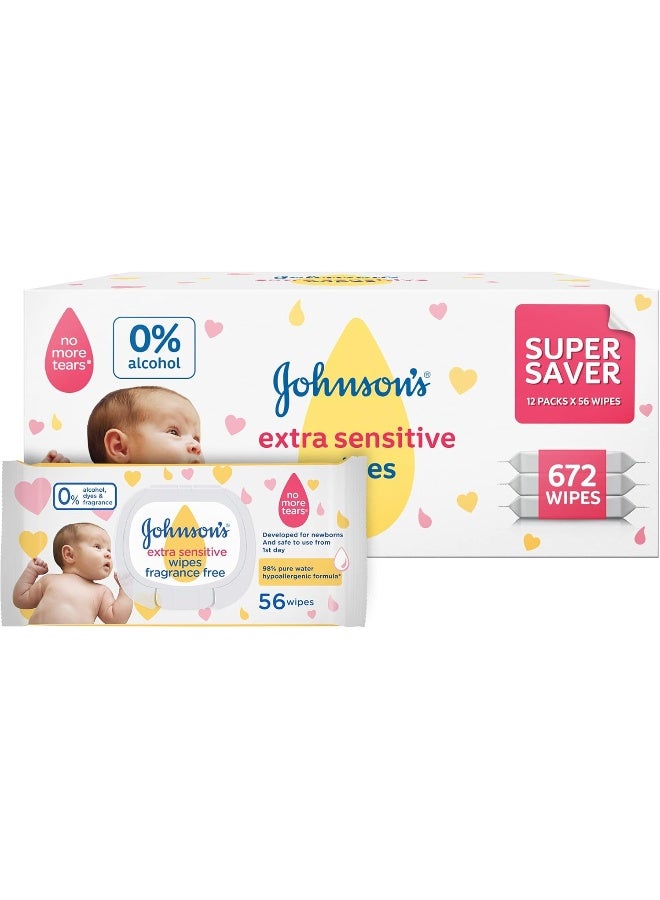 جونسون مناديل الأطفال فائقة الحساسية - عبوة توفير سوبر 8 + 4 مجانية، 12x56، 672 مناديل - Image 1