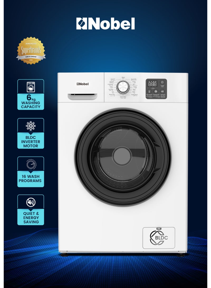 نوبل 6 Kg Inverter Front Load Fully Automatic Washing Machine, 16 Wash Programs, Child Lock, High-Temp Sterilization, Delay Start, LED Display, Energy Saving – NWM775 (1 Year Warranty) 6 kg 1900 W NWM775 White - Image 1