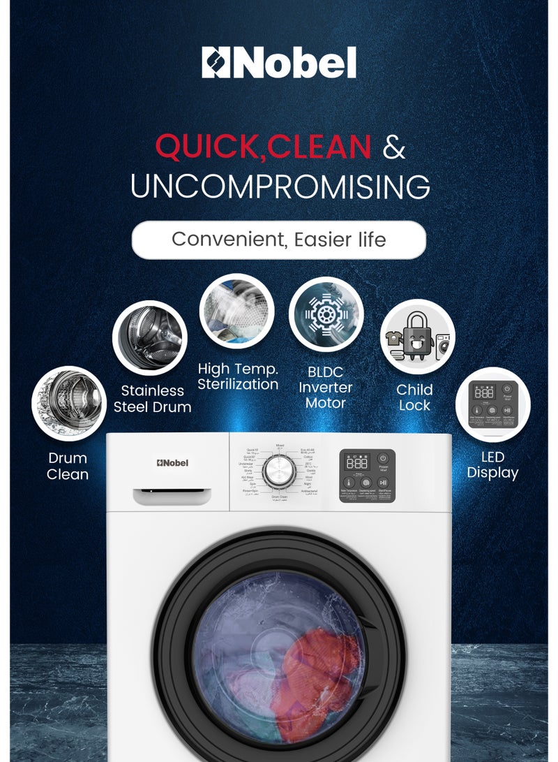 نوبل 6 Kg Inverter Front Load Fully Automatic Washing Machine, 16 Wash Programs, Child Lock, High-Temp Sterilization, Delay Start, LED Display, Energy Saving – NWM775 (1 Year Warranty) 6 kg 1900 W NWM775 White - Image 4