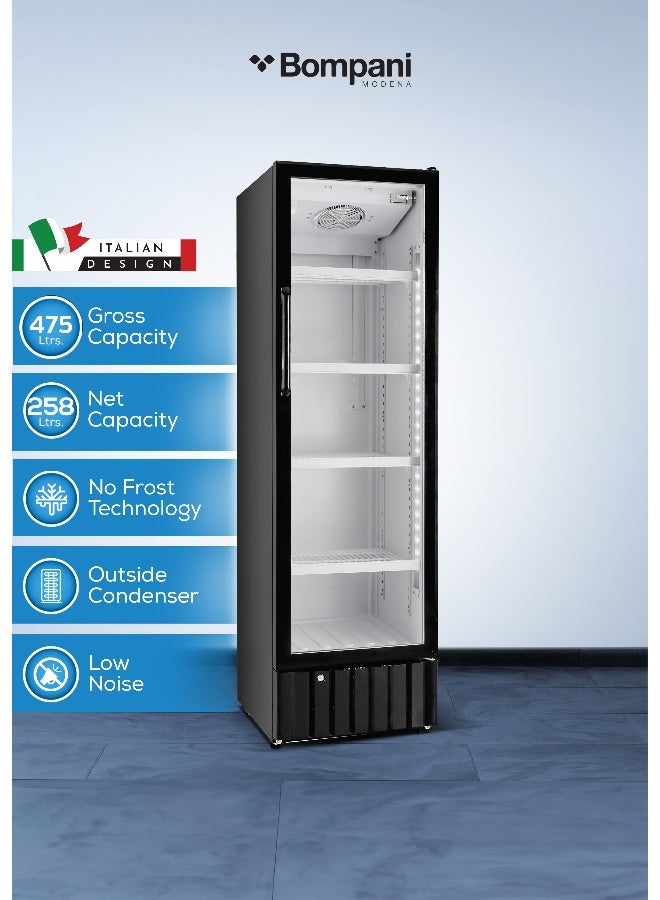 Bompani 475L Gross / 258L Net Single Door Showcase Chiller, No Frost Cooling, Mechanical Temperature Control, Lock & Key, 4 Adjustable Shelves, R600a Refrigerant, Wheels, Black Finish – BSF475 (1 Year Warranty) 280 L 180 W BSF475 black - Image 1