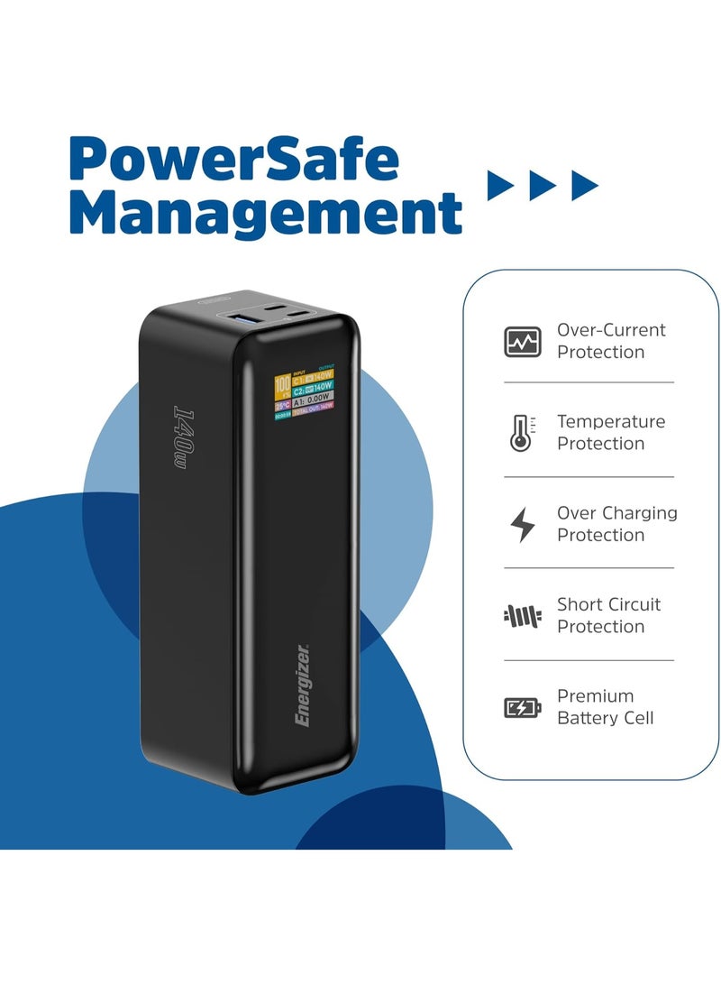 Energizer Power Bank 27000mAh with PD 140W USB-C Outputs Fast Charging Battery Pack USB-A 30W with Intelligent Digital LCD Display for Laptop, Tablet, Smartphone and etc_XP27000PD Black