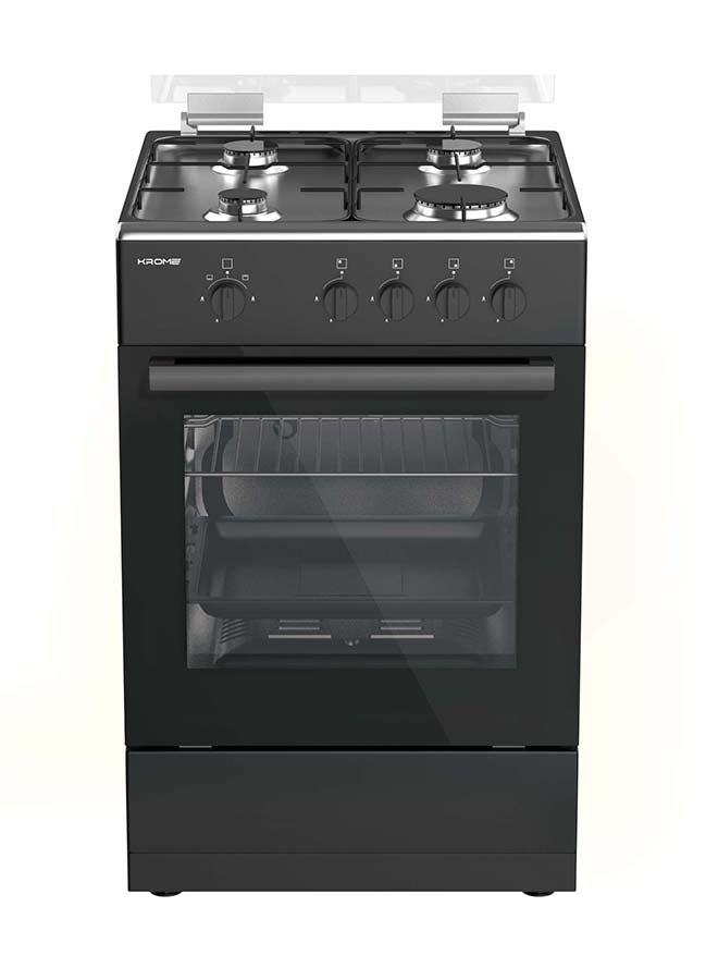 كروم موقد غاز 50x50، أمان كامل مع 4 شعلات وفرن غاز، سطح من الفولاذ المقاوم للصدأ، غطاء زجاجي، دعم من المينا، جهاز إيقاف اللهب - Image 1