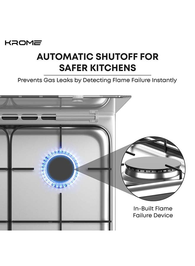 كروم موقد غاز 50x50، أمان كامل مع 4 شعلات وفرن غاز، سطح من الفولاذ المقاوم للصدأ، غطاء زجاجي، دعم من المينا، جهاز إيقاف اللهب - Image 5