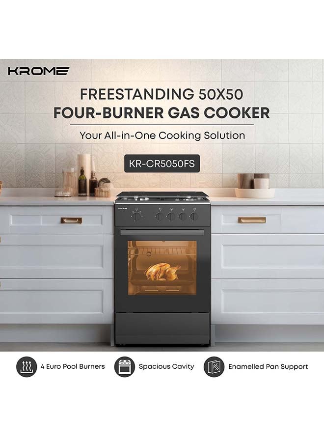 كروم موقد غاز 50x50، أمان كامل مع 4 شعلات وفرن غاز، سطح من الفولاذ المقاوم للصدأ، غطاء زجاجي، دعم من المينا، جهاز إيقاف اللهب - Image 2