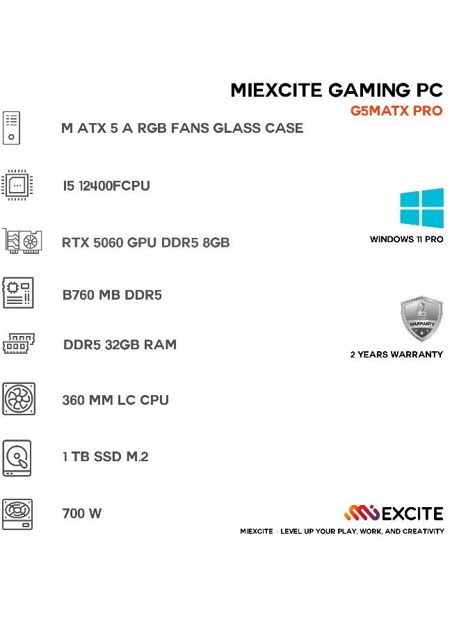 MI Excite Gaming PC G6MATX PRO With Core i5-12400F Processor/32GB RAM DDR5/1TB SSD/8GB Nvidia GeForce RTX 5060 Graphics/Windows 11 Pro/ White - Image 3
