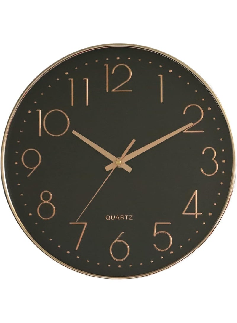 هوم كير ساعة حائط، ساعة كوارتز صامتة غير متقطعة تعمل بالبطارية، دائرية سهلة القراءة، ساعة حائط صامتة لغرفة النوم، غرفة المعيشة، المطبخ، المكتب، المدرسة، ديكور المنزل (أسود-ذهبي) - Image 1